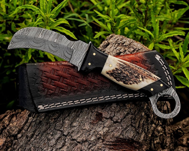 BE BREAK EDGE Handmade Damascus Steel,Deer Antler handle fixed blade knife with Leather sheath, Heavy Duty Utility Knife,Skinning knife for professional. - Image 4